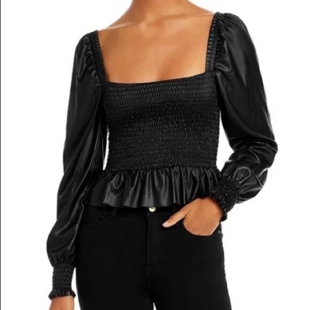 AQUA Faux Leather Smocked Peplum Top